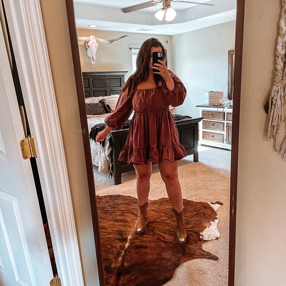 BRAND NEW Free People Puff sleeve brown dress! Large